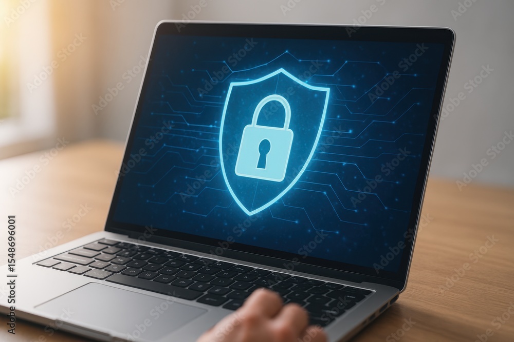 Poster digital security concept with padlock symbol displayed on laptop screen, emphasizing the importance 