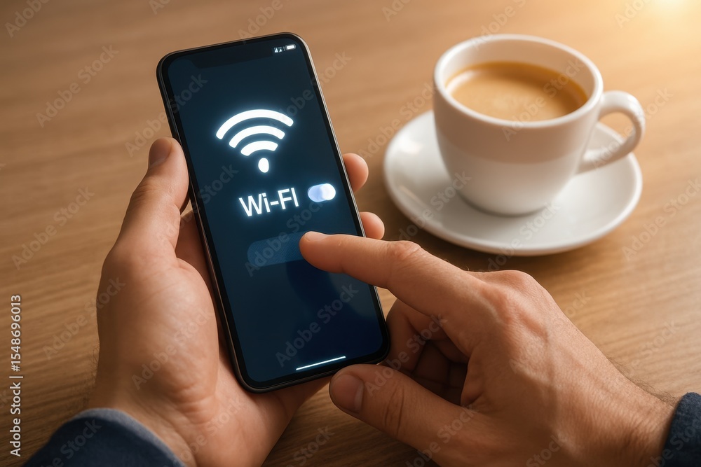 Poster person using smartphone to connect to wi-fi while enjoying a cup of coffee in a cozy setting with wa