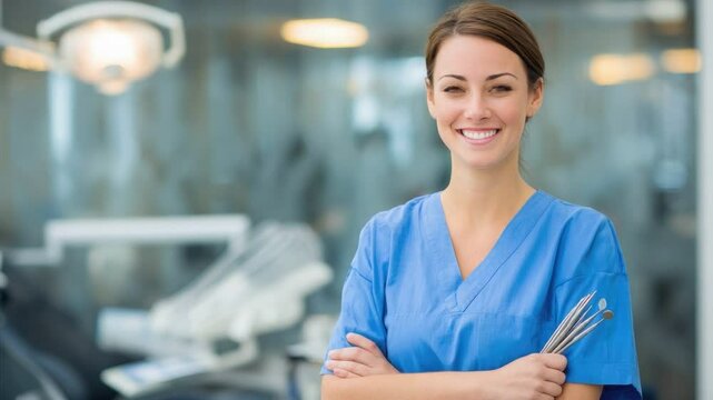 The Dentist's Smile: A portrait of a confident and skilled dental professional radiating warmth and approachability, embodying health and care.
