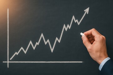 Hand Draws Graph with Increasing Trend on Chalkboard Showing Growth in Business Performance and Financial Success Over Time