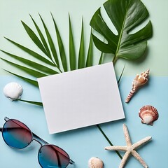 blank card with palm leaves and seashells copy space summer paper plain in tosca background 