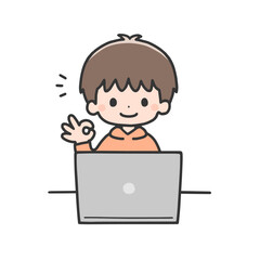 パソコンの前でOKサインをする男の子