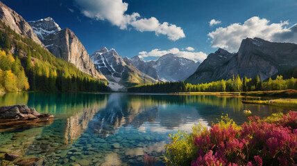 Mountain landscape with alpine meadow and colorful forest at sunset.
