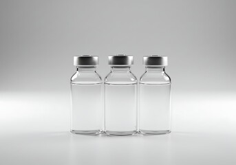 Three clear glass vials with metallic caps containing liquid solution