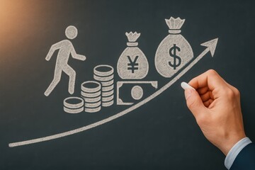 Person walking towards money bags and currency notes on a chalkboard background representing financial growth, investment success, and wealth accumulation concept
