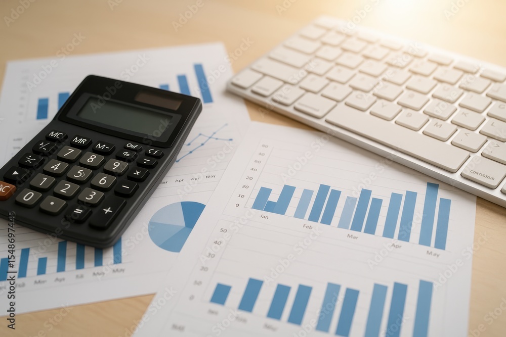 Poster calculator on desk with financial charts, graphs, and keyboard representing business analysis and da