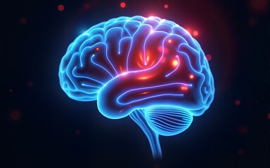 A digital rendering of a human brain with bright, neon-like lights highlighting its structure and connections. The colors shift between blue and red, emphasizing the dynamic and complex nature of brai
