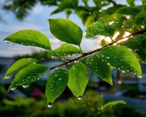 Dew-kissed leaves bathed in sunlight