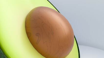 A 3d rendering of avocados, the contrast between the dark, bumpy skin and the creamy green flesh. The sliced avocado reveals the pit, emphasizing the fruit's simple structure.