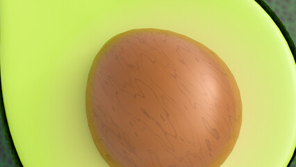A 3d rendering of avocados, the contrast between the dark, bumpy skin and the creamy green flesh. The sliced avocado reveals the pit, emphasizing the fruit's simple structure.