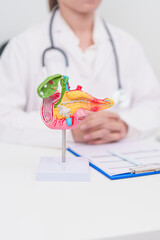 Elderly Patient consultation with doctor for Pancreas, Gallbladder, Bile Duct, Duodenum, Small intestine. Pancreatic cancer, Acute and Chronic pancreatitis, Digestive system and medical healthcare