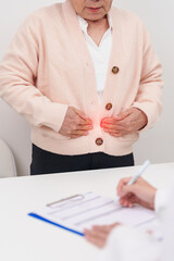 Elderly Patient consultation with doctor for Pancreas, Gallbladder, Bile Duct, Duodenum, Small intestine. Pancreatic cancer, Acute and Chronic pancreatitis, Digestive system and medical healthcare