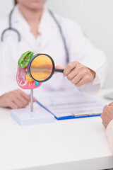 Elderly Patient consultation with doctor for Pancreas, Gallbladder, Bile Duct, Duodenum, Small intestine. Pancreatic cancer, Acute and Chronic pancreatitis, Digestive system and medical healthcare
