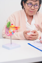 Elderly Patient consultation with doctor for Pancreas, Gallbladder, Bile Duct, Duodenum, Small intestine. Pancreatic cancer, Acute and Chronic pancreatitis, Digestive system and medical healthcare