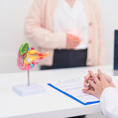 Elderly Patient consultation with doctor for Pancreas, Gallbladder, Bile Duct, Duodenum, Small intestine. Pancreatic cancer, Acute and Chronic pancreatitis, Digestive system and medical healthcare