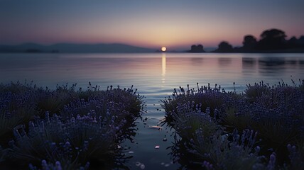 Serene sunset over calm lake lavender fields at twilight magical view