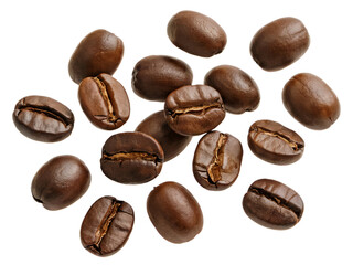 Roasted coffee beans falling dark brown aroma rich up food cafe on transparent background
