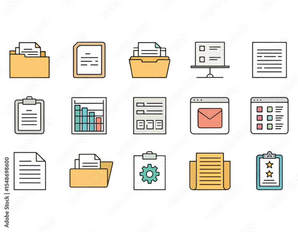 Poster collection of colorful document and file icons perfect for presentations and websites