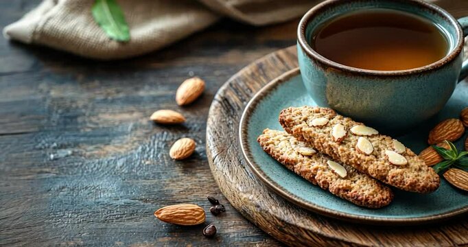 Almond biscotti cookies served with tea on rustic wooden table.