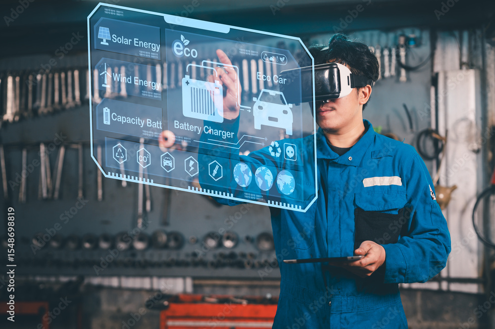Poster a man in a blue jumpsuit uses virtual reality to interact with a holographic interface displaying re