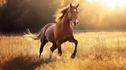 Majestic brown horse galloping across a meadow, embodying freedom and wild spirit in golden light.