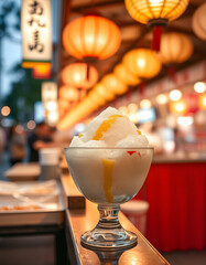 夜の夏祭りで提供されるかき氷　提灯が灯る屋台を背景にした風景