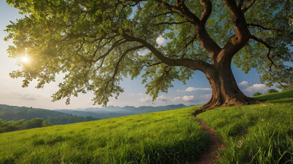 Mountain landscape with alpine meadow and colorful forest at sunset.
