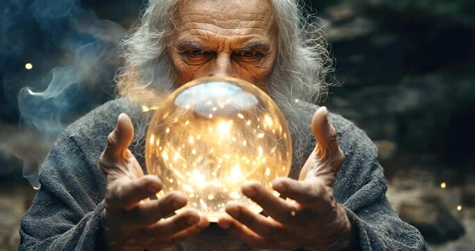 Old man with long white beard gazes intently at a glowing crystal ball, smoke and sparks surround him.