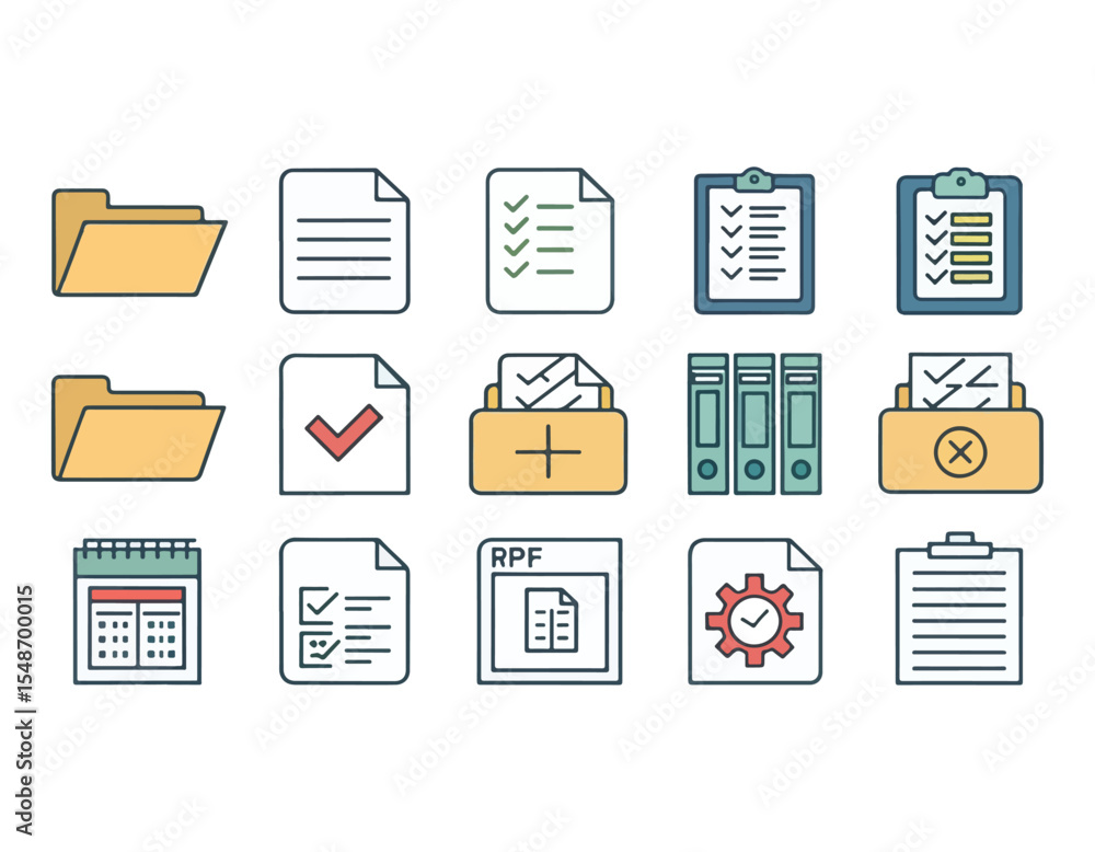 Poster collection of colorful document and file management icons