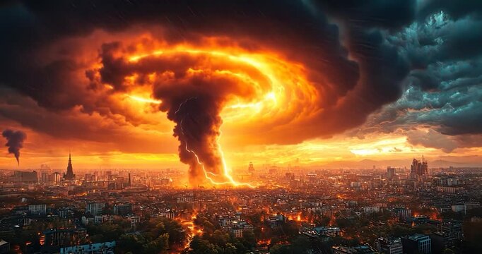 Fiery tornado and lightning strike over city at sunset.