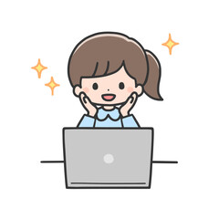 パソコンの前で喜ぶ女の子