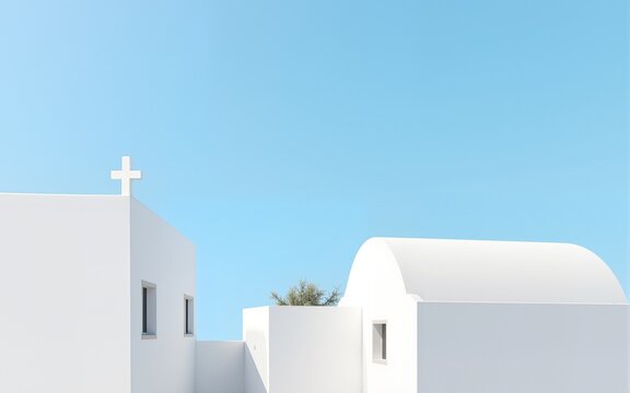 Minimal buildings background with traditional Greek style architecture. Low angle view of white houses against a blue clear summer sky. Neural network ai generated. High quality