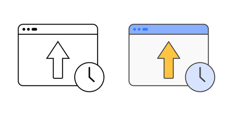 Application update required icon with app window, upward arrow, and clock, in outline and color styles, ideal for illustrating pending software updates, system maintenance, and IT support reminders.