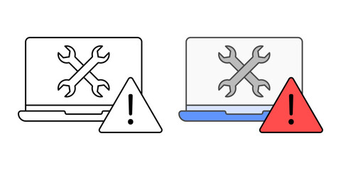 Device troubleshooting icon with laptop, wrench, and warning symbol, in outline and color styles, ideal for illustrating IT support, hardware diagnostics, and technical issue resolution.