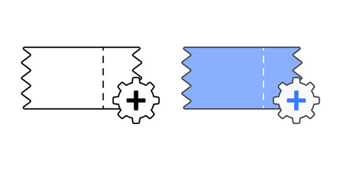 Helpdesk ticket creation icon with ticket shape, plus sign, and gear, in outline and color styles, ideal for illustrating IT support requests, issue reporting, and service desk workflows.