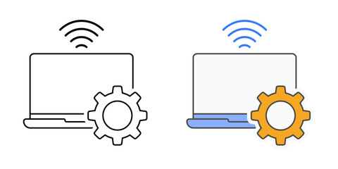 Remote access setup icon with laptop, signal icon, and gear, in outline and color styles, ideal for illustrating remote connectivity configuration, IT support setup, and secure offsite access workflow