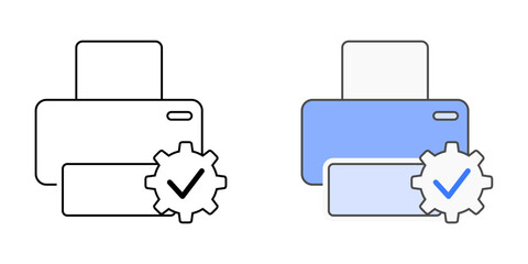 Printer installation icon with printer, gear, and check mark, in outline and color styles, ideal for illustrating IT hardware setup, printer configuration, and device readiness
