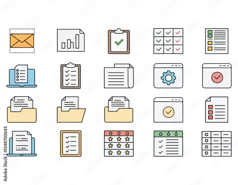 Poster comprehensive collection of colorful task management and checklist icons