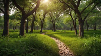 Obraz premium Mountain landscape with alpine meadow and colorful forest at sunset.