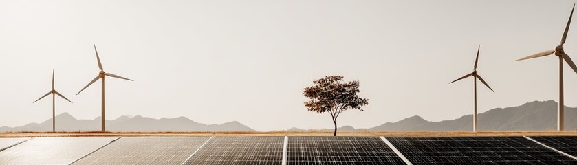 Solar panels and wind turbines coexist in a renewable energy landscape with a lone tree and distant mountains under a clear sky.