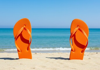 Orange flip flops on sandy beach with ocean view