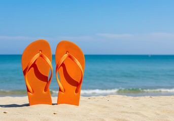 Orange flip flops standing on beach sand with ocean view