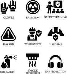 Work safety icon set.Warning sign safety first clip art collection for under construction.Obstacle vector illustration.Icon vector for safety and health at work with safety first.