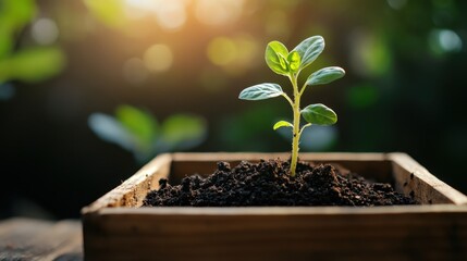 Young green plant growing in soil inside wooden box with sunlight and blurred background of natural garden