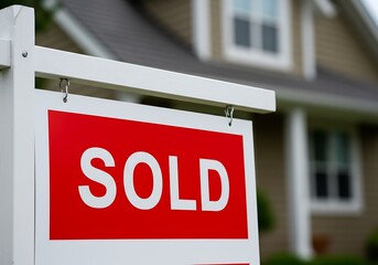 Real estate sign indicating property sold in front of a house
