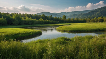 Mountain landscape with alpine meadow and colorful forest at sunset.