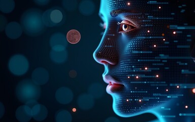 Digital human face profile with binary code overlay and abstract technology background elements. High quality