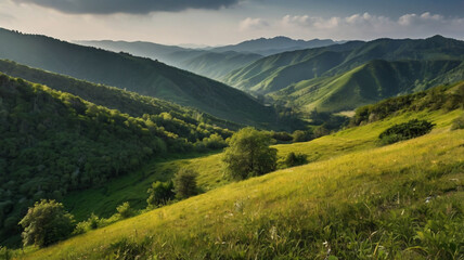 Fototapeta premium Mountain landscape with alpine meadow and colorful forest at sunset.