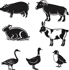 Farm Animals Silhouette Set — Pig, Sheep, Goat, Chicken, Goose — Minimalist Black and White Vector Illustration”
