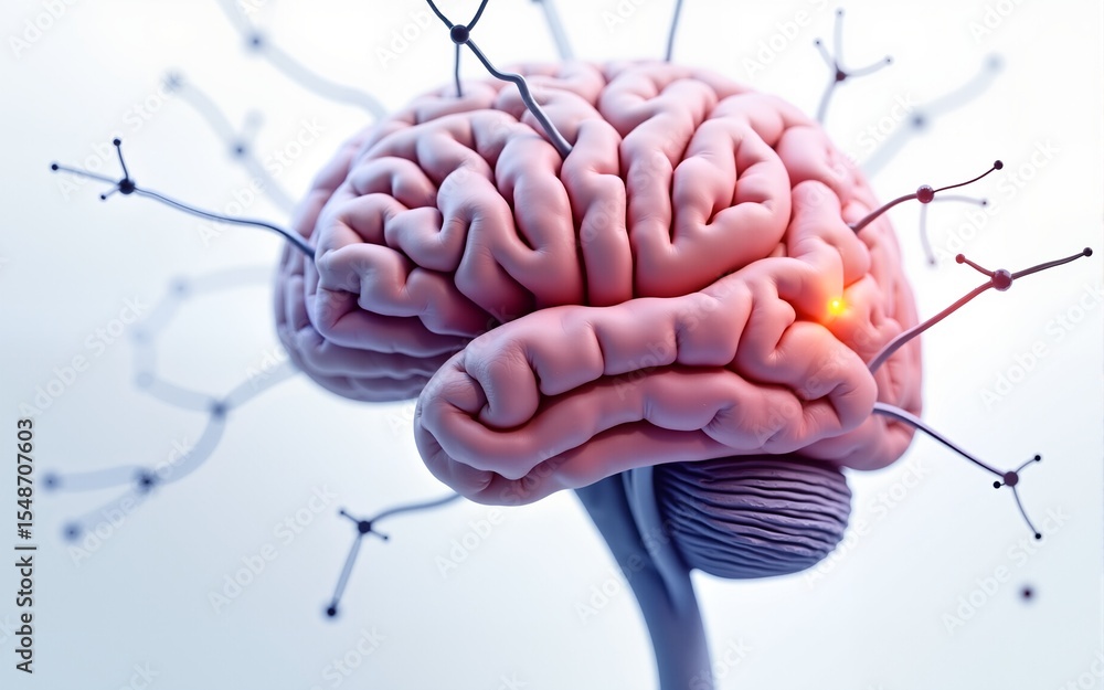 Poster neurons in the brain on white background with focus effect. 3d rendering. high quality
